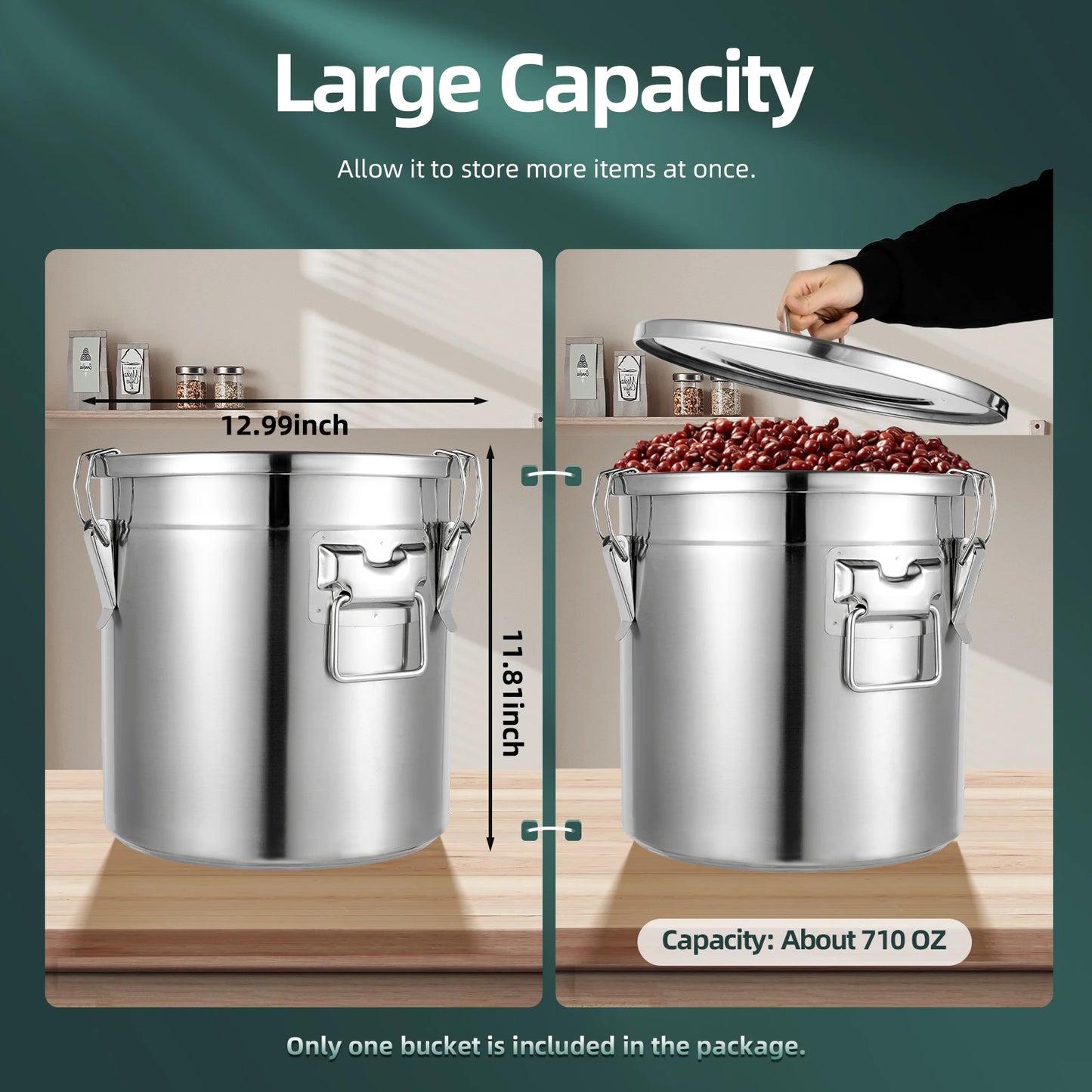 Airtight Food Storage Container 33L Large Capacity, 304 Stainless Steel Bucket with Locking Lid for Rice, Flour, Cereals