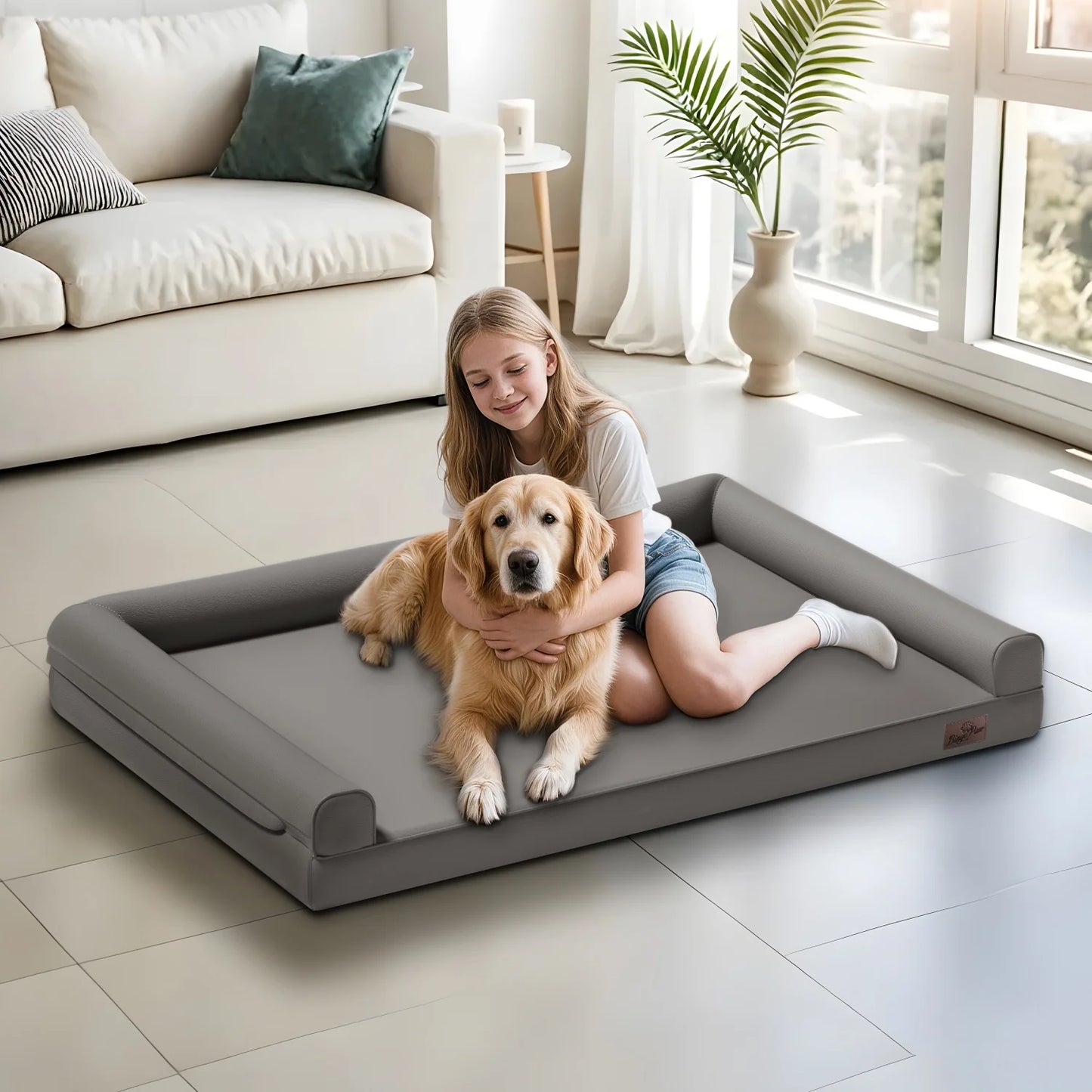 BINGOPAW Indoor Orthopedic Dog Bed With Supportive Bolster Leather Cover