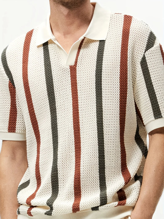 Men's Summer Knit Polo Shirt With Stripes And Contrast
