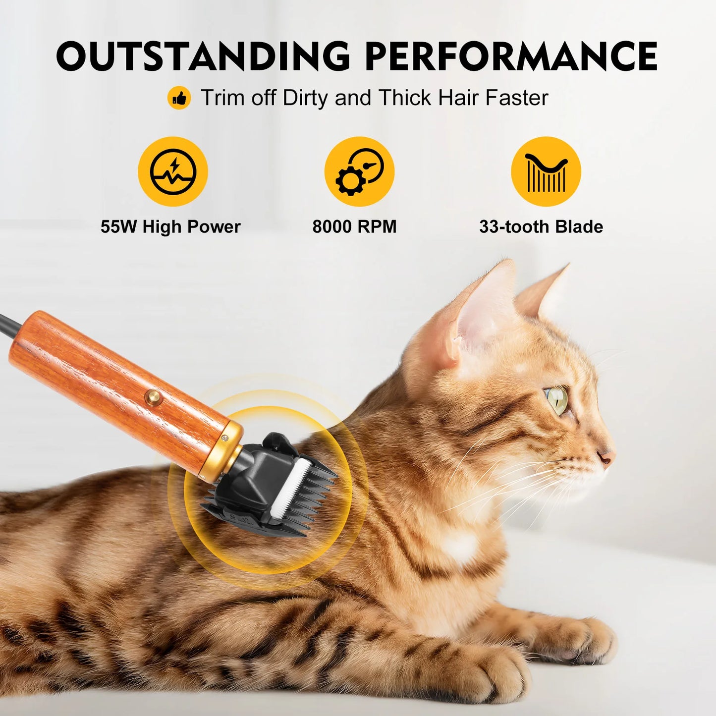 Bymaocar Electric Pet Clipper 55W Corded Low Noise With Wooden Handle US Plug