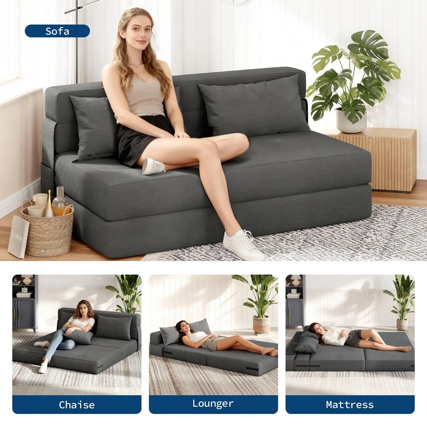 HobbyLane CN 4-in-1 Folding Sofa Bed Convertible Sleeper With Pillow