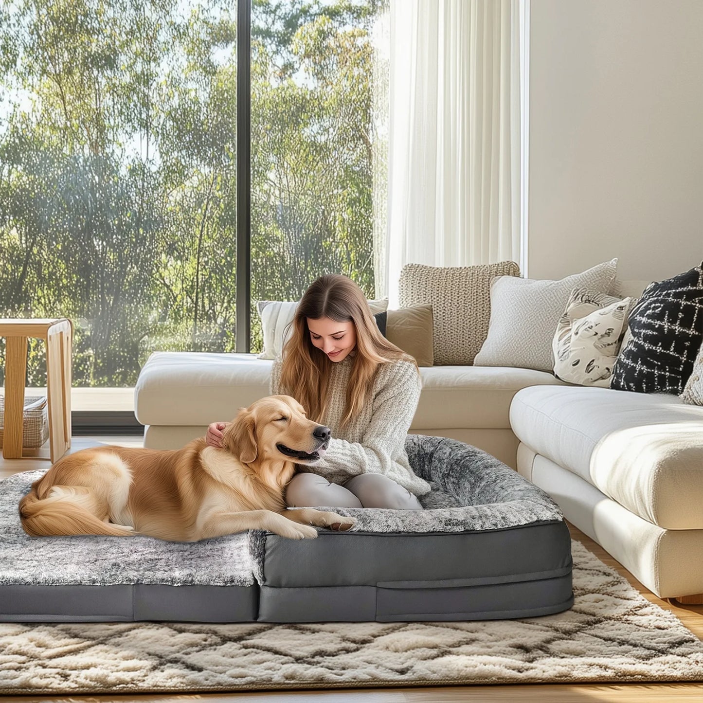BINGOPAW Foldable Orthopedic Dog Bed With Plush Cushion Bolster
