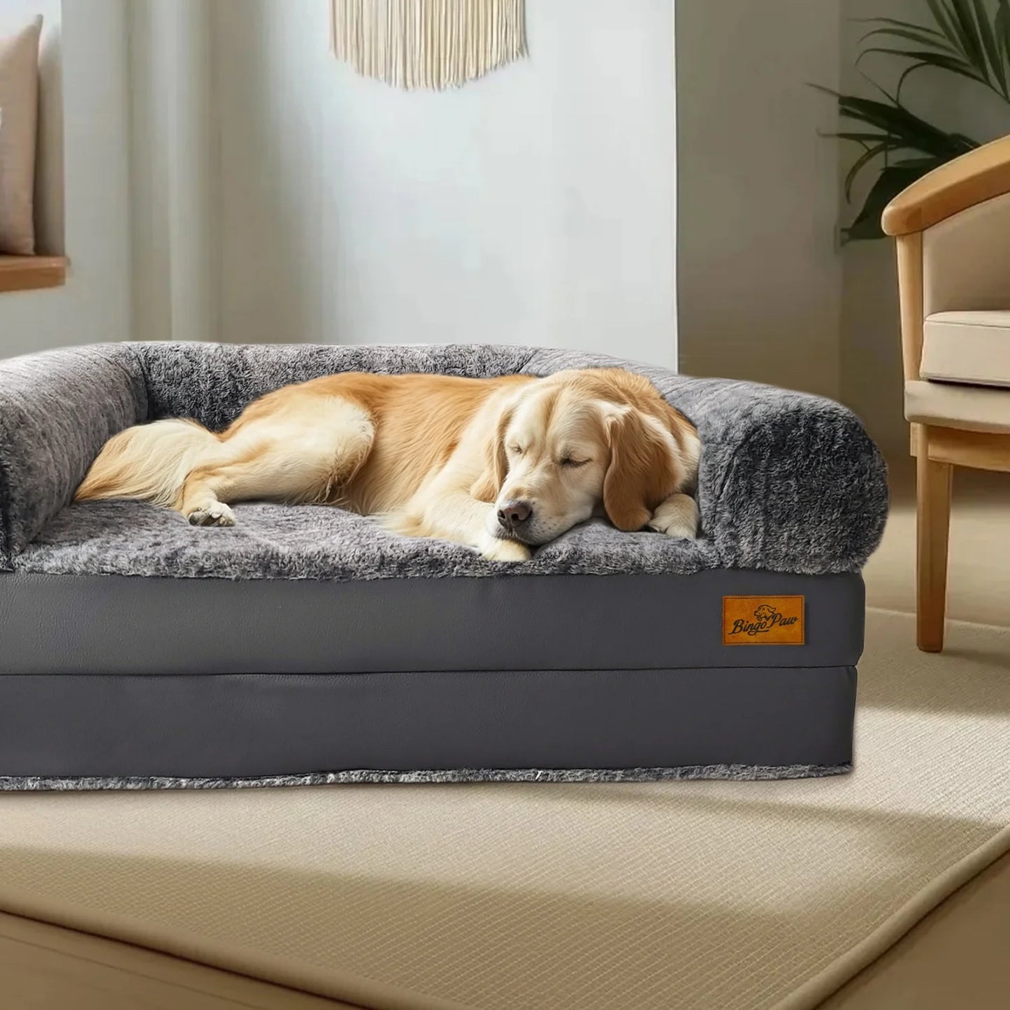BINGOPAW Foldable Orthopedic Dog Bed With Plush Cushion Bolster