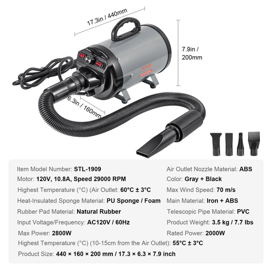 SucceBuy 2000W Professional Dog Blow Dryer With Precision Adjustable Speed