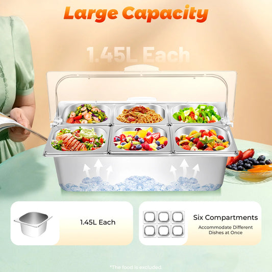 Countertop Food Container 6 Pans Condiment Dispenser Salad Dressing Appetizer Spice Fruit Cold Serving Buffet Tray