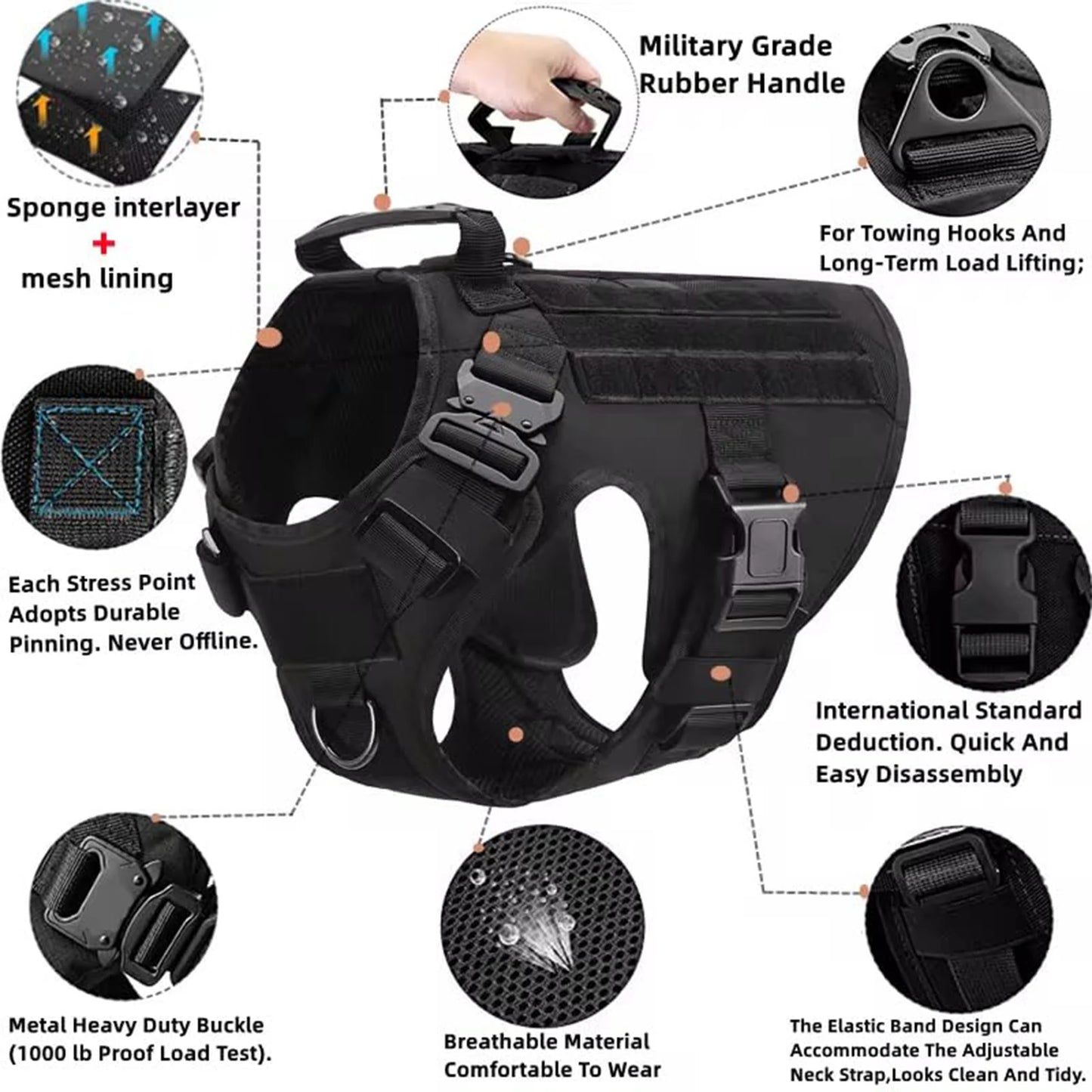 Nylon Tactical Dog Harness With Molle Pouches For Training And Walking
