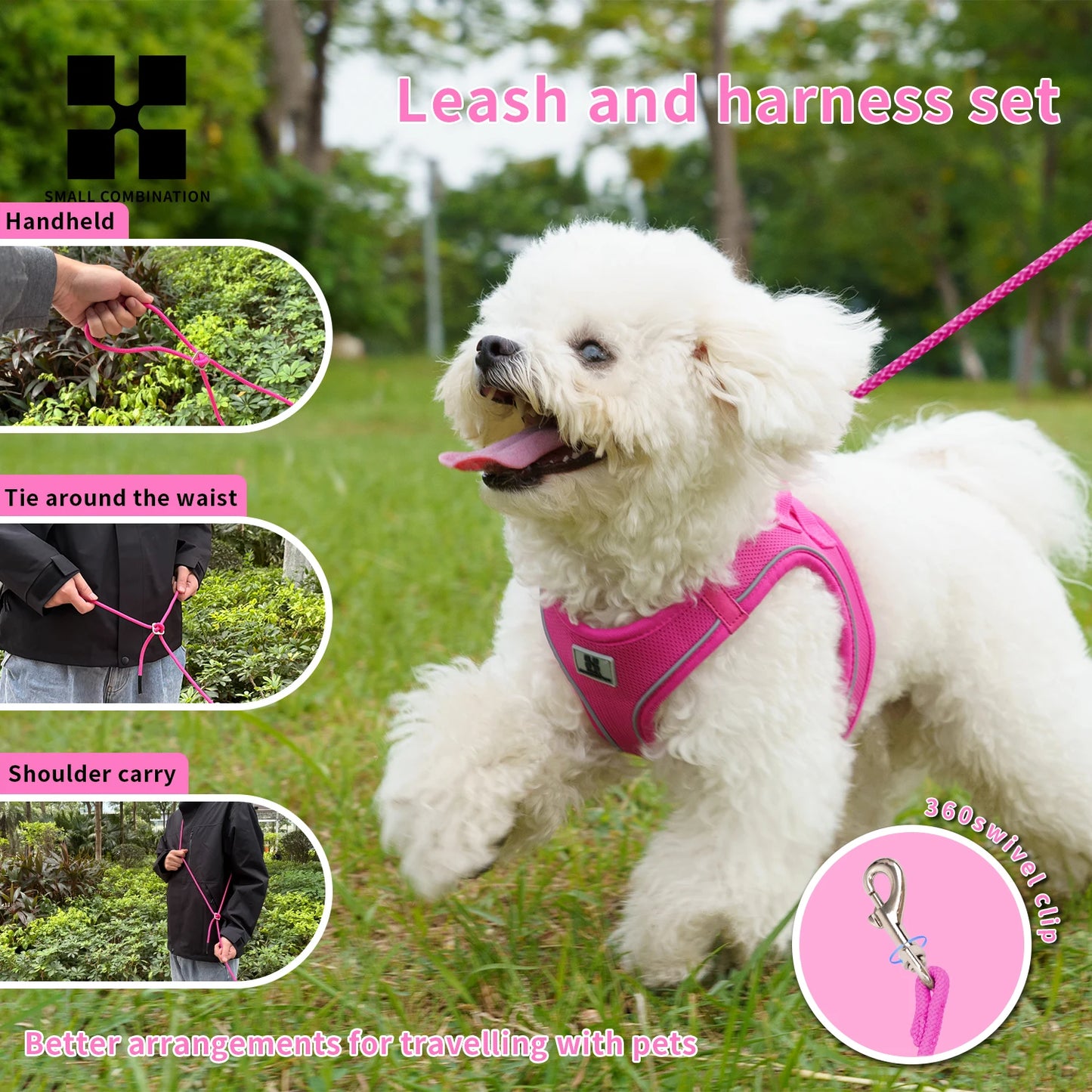 Dog Harness Leash Set Reflective Adjustable For Small Medium Dogs