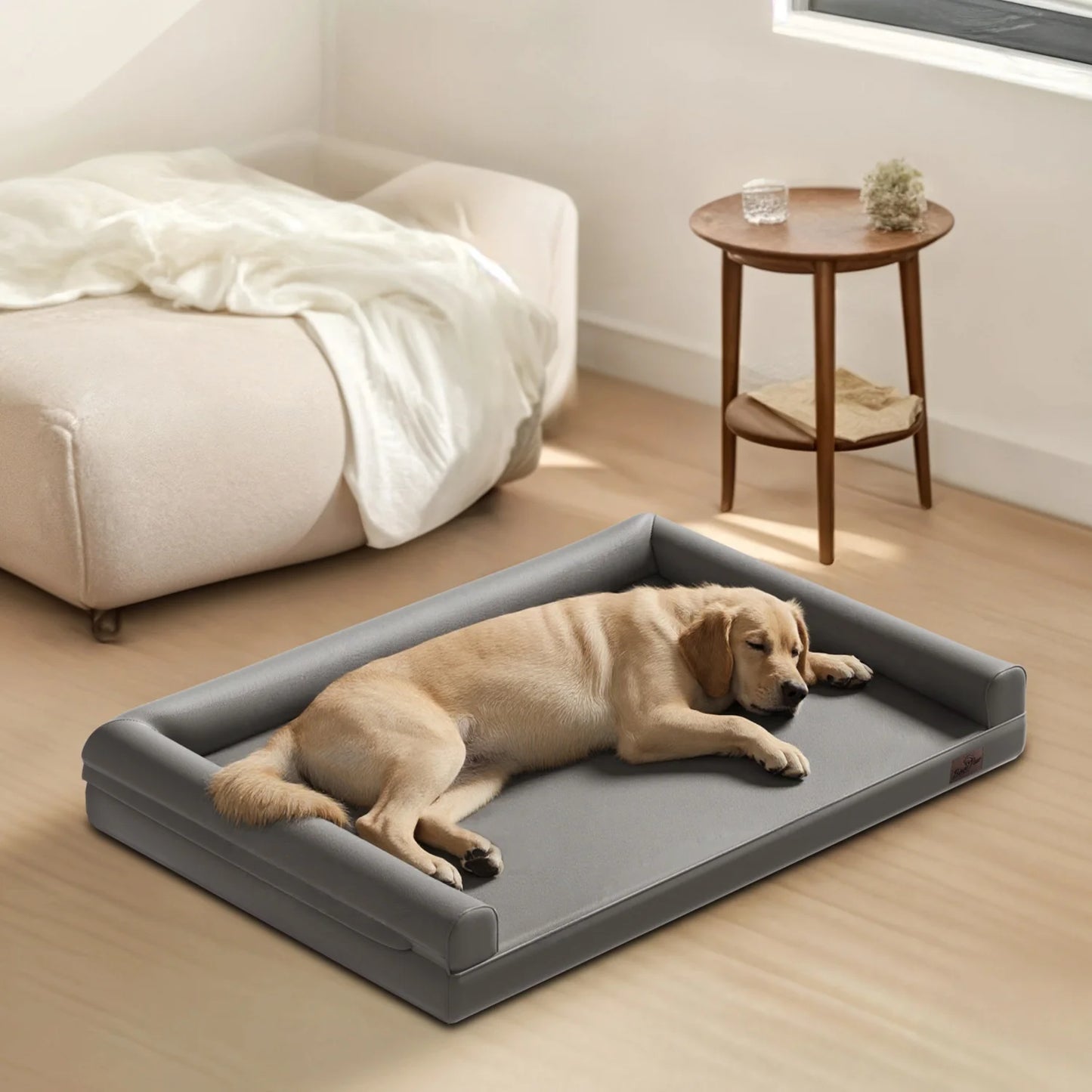 BINGOPAW Indoor Orthopedic Dog Bed With Supportive Bolster Leather Cover